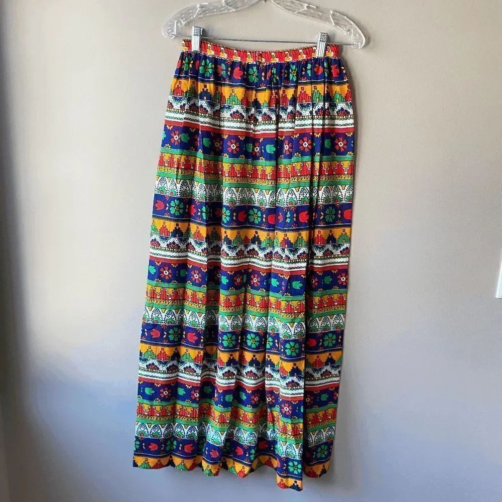 Vintage 70s Bold Folk Art Prairie Maxi Skirt – Vivid Colors – XS/S